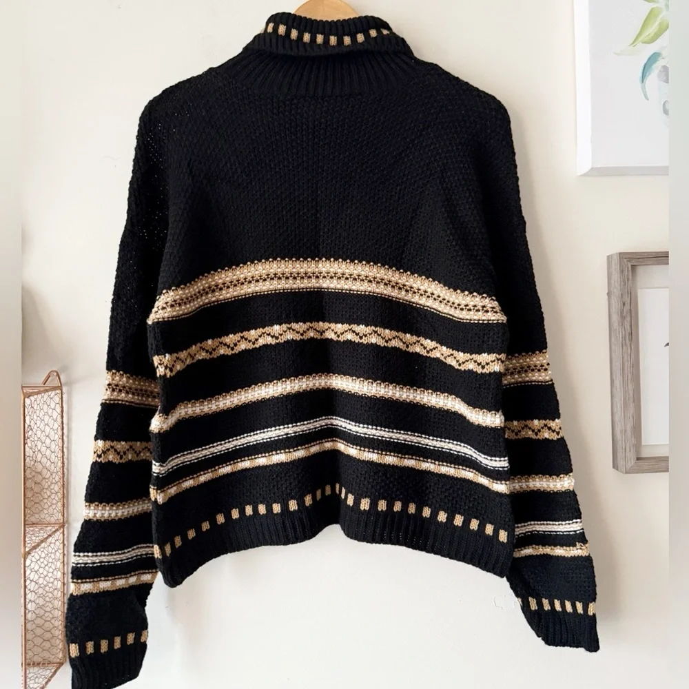 Vintage 90s Y2K Black Tan Striped Turtleneck Sweater Made in the USA Size Large